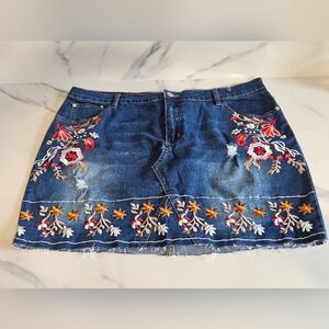 Embroidered Denim Mini Skirt - Sz XL/10